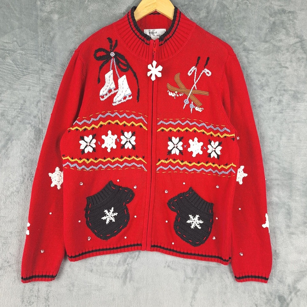Vintage Womens Cardigan Large Holiday Ugly Christmas Sweater Crochet Embroidered